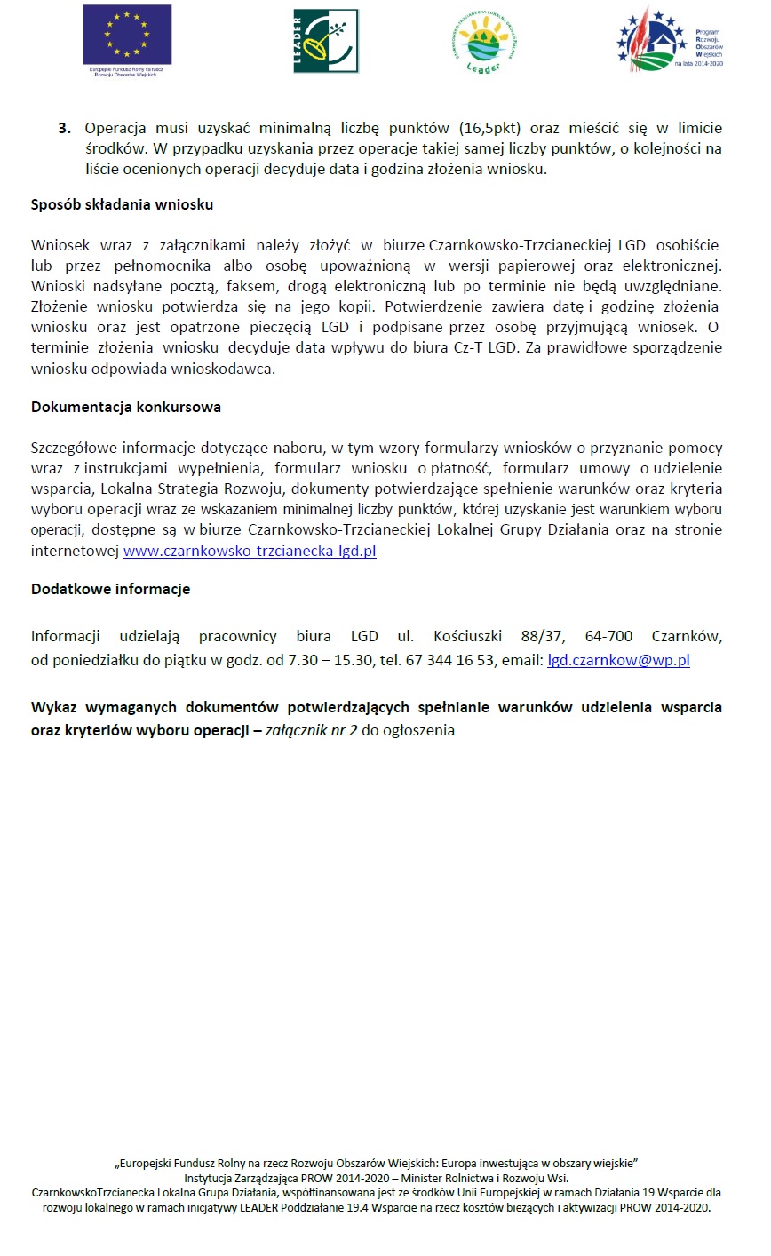 Czarnkowsko Trzcianecka Lokalna Grupa Działania informuje o możliwości składania wniosków o przyznanie pomocy w ramach poddziałania 19.2 na Przedsięwzięcie 1.1.1 Podejmowanie działalności gospodarczej część druga