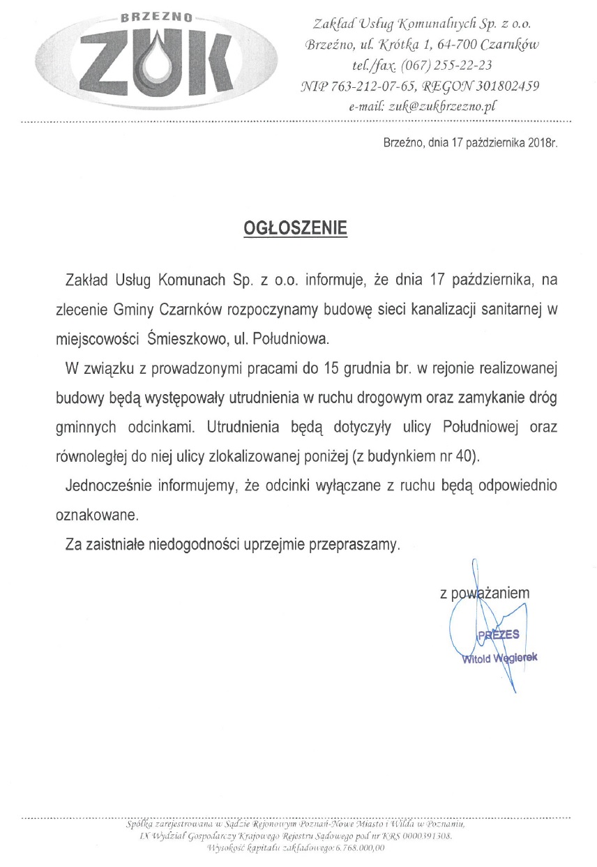 Ogłoszenie Zakładu Usług Komunalnych w sprawie utrudnień w ruchu drogowym w Śmieszkowie na ulicy Południowej do 15 grudnia 2018 roku