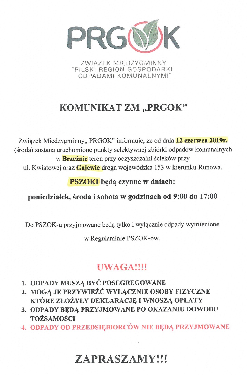 Uruchomienie punktów selektywnej zbiórki odpadów komunalnych w Brzeźnie i Gajewie 