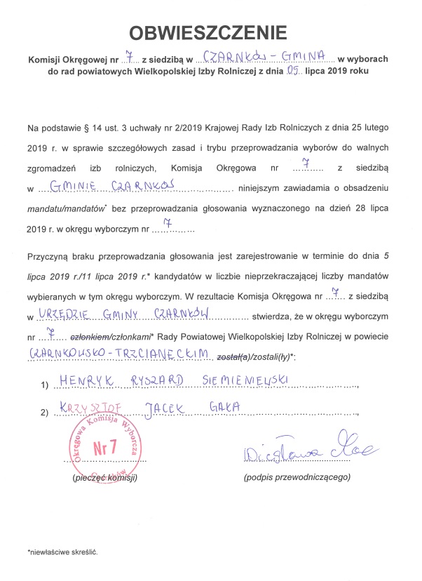 Obiweszczenie komisji okręgowej w wyborach do rad powiatowych