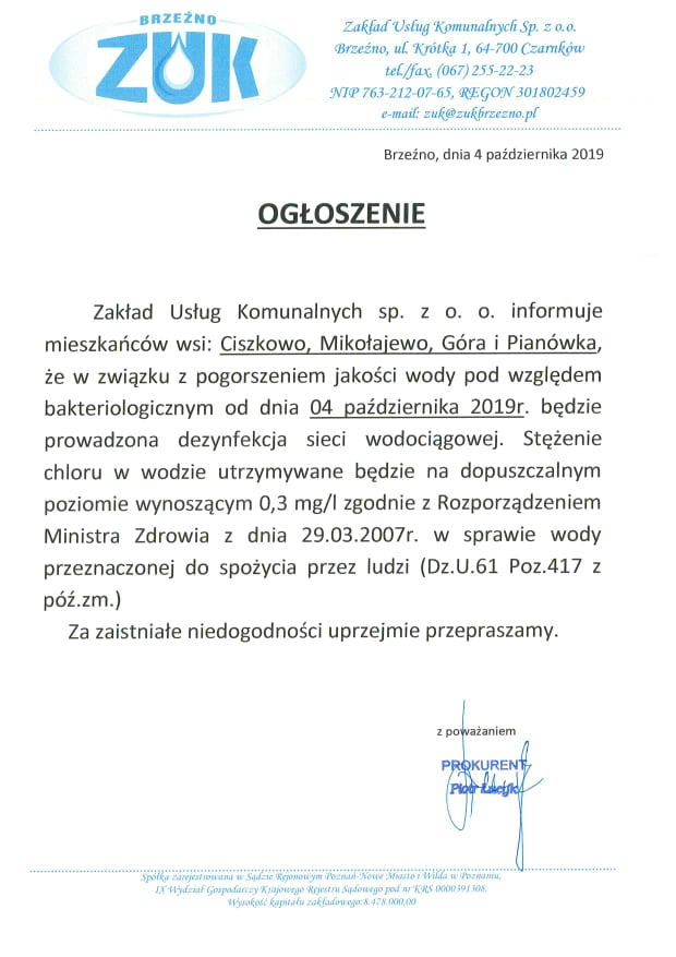 Ogłoszenie Zakładu Usług Komunalnych w Brzeźnie w sprawie dezynfekcji sieci wodociągowej