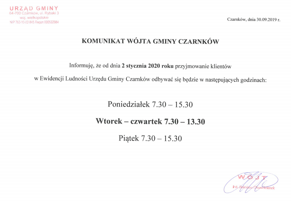 Komunikat Wójta Gminy Czarnków 