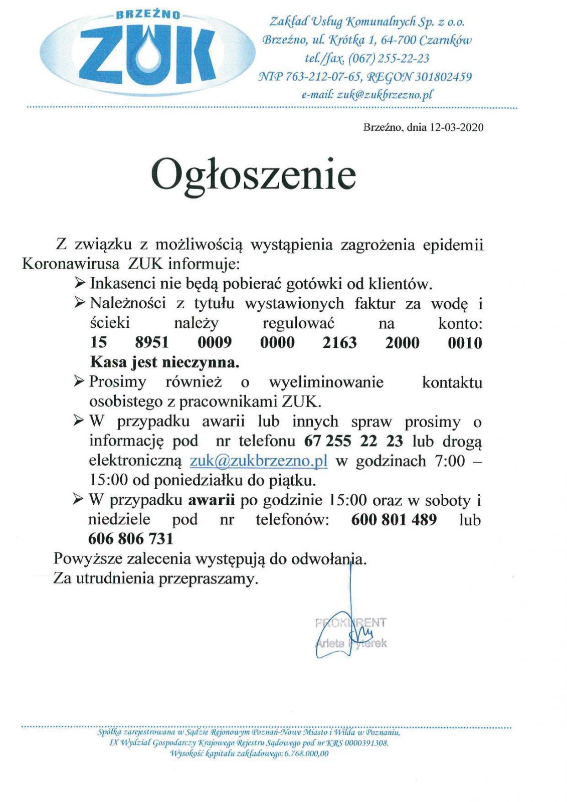 Komunikat Zakłądu Usług Komunlanych w Brzeźnie w sprawie zamknięcia kasy, nie przyjmowania pieniędzy przez inkasentów oraz możliwości płatności na konto do odwołania 