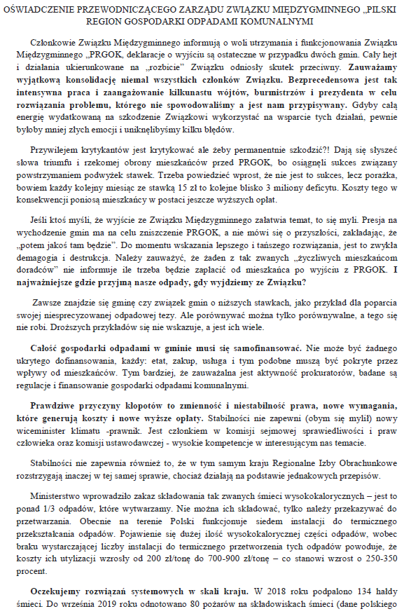 Oświadczenie Przewodniczącego Zarządu Związku Międzygminnego Pilski Region Gospodarki Odpadami Komunalnymi.