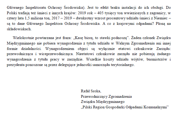 Oświadczenie Przewodniczącego Zarządu Związku Międzygminnego Pilski Region Gospodarki Odpadami Komunalnymi.