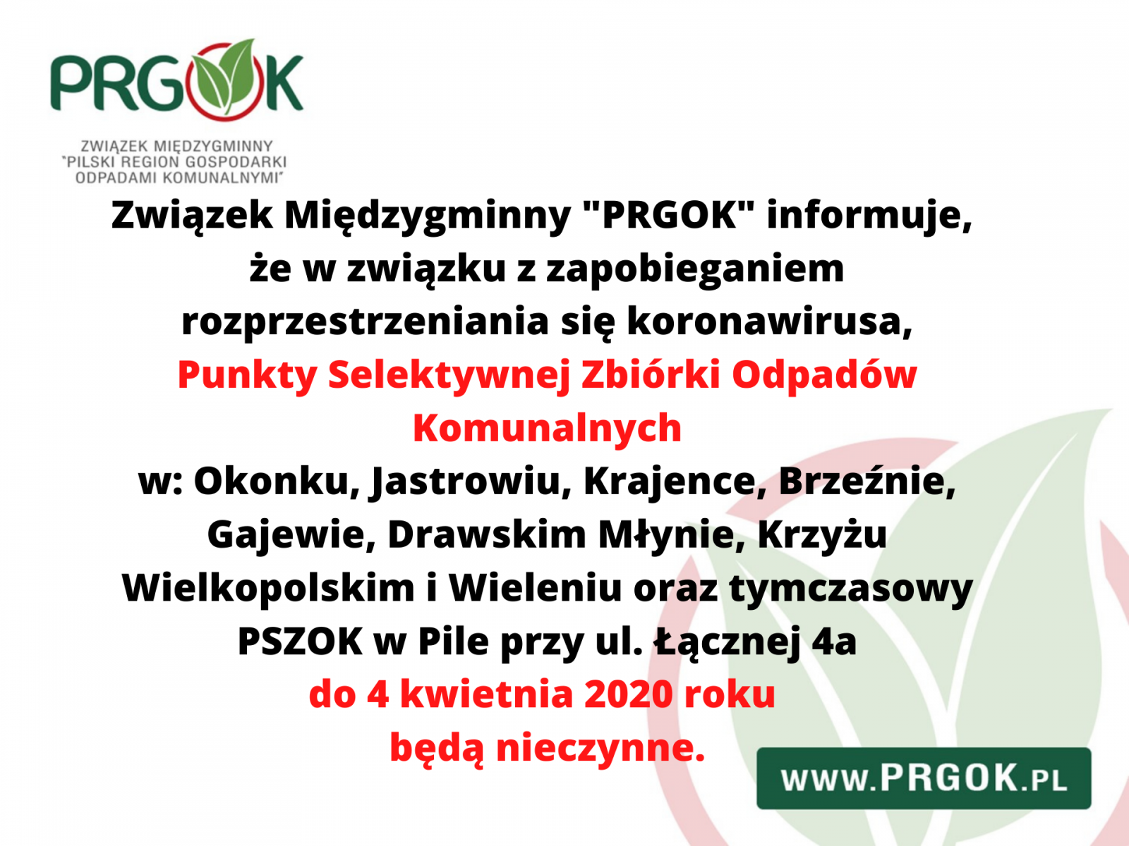 Informacja PRGOK w sprawie tymczasowego zamknięcia PSZOKów