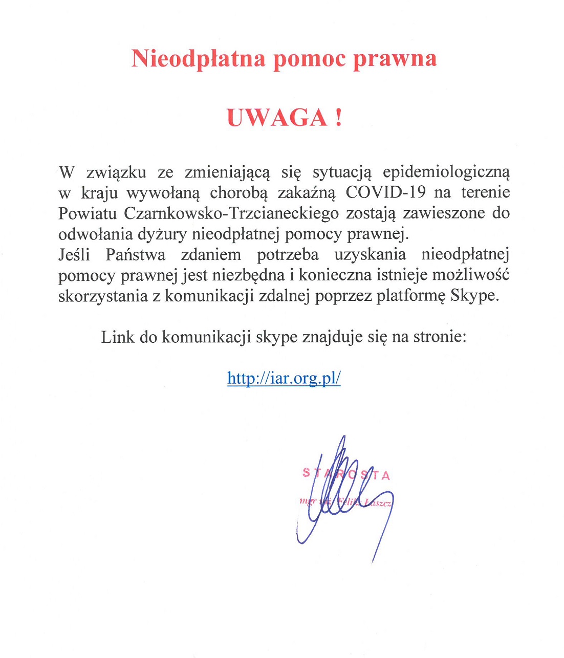 Nieodpłatna pomoc prawna - zawieszenie dyżurów