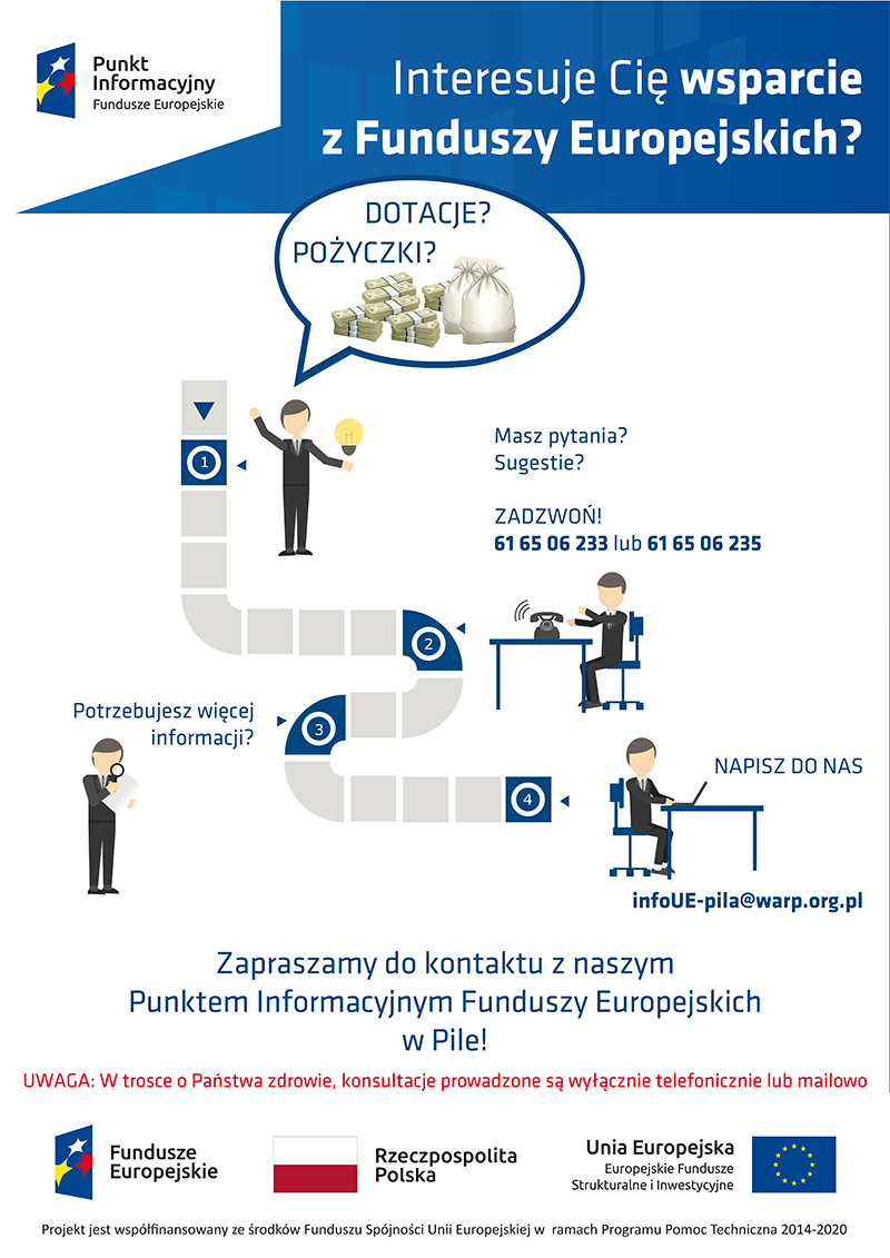 Obecnie pracownicy Punktów Informacyjnych udzielają informacji telefonicznie oraz elektronicznie. Nasza praca nie ulega zmianie, prócz tylko możliwości skorzystania z usługi bezpośredniej.  Zachęcamy również do zaglądania na naszą stronę www.warp.org.pl (link: http://warp.org.pl/oferta/informacje-o-funduszach-europejskich/), tam zamieszczamy krótkie newsy odnośnie Funduszy Europejskich które również mogą Państwo wykorzystać i publikować u siebie.   Życzymy wszystkich zdrowia i wytrwałości w tym ciężkim dla wszystkich czasie.