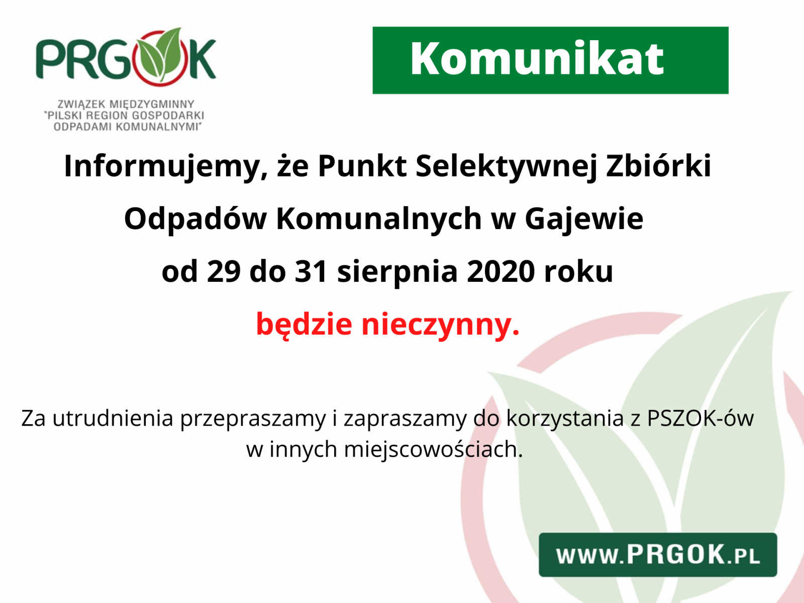 Informacja w sprawie Punktu Selektywnej Zbiórki Odpadów Komunalnych w Gajewie