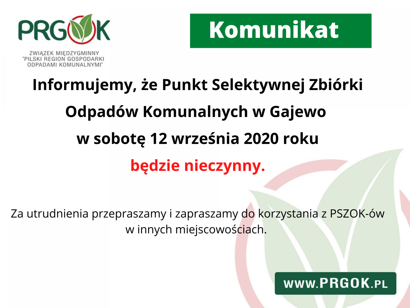 Informacja o zamknięciu punktu PSZOK w Gajewie w dniu 21 września 2020 roku
