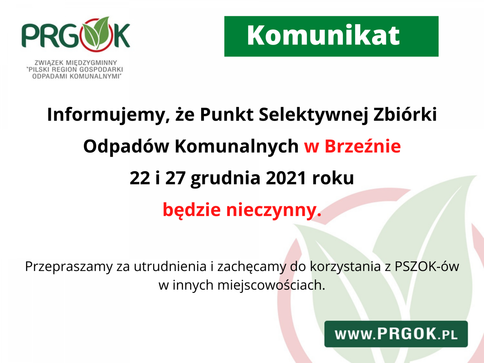 PSZOK w Brzeźnie nieczynny w dniach 22 oraz 27 grudnia 2021 roku