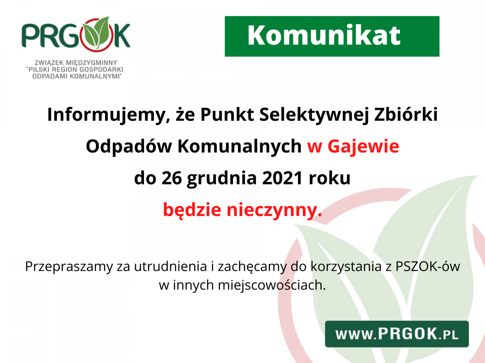 PSZOK w Gajewie nieczynny do 26 grudnia 2021 roku