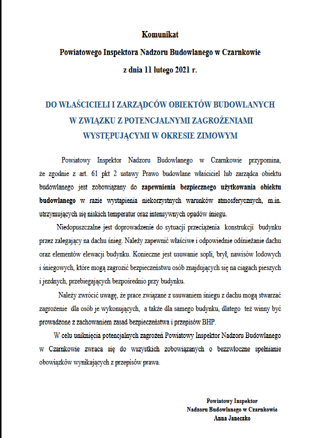 Komunikat do właścicieli i zarządców obiektów budowlanych w związku z potencjalnymi zagrożeniami występującymi w okresie zimowym.