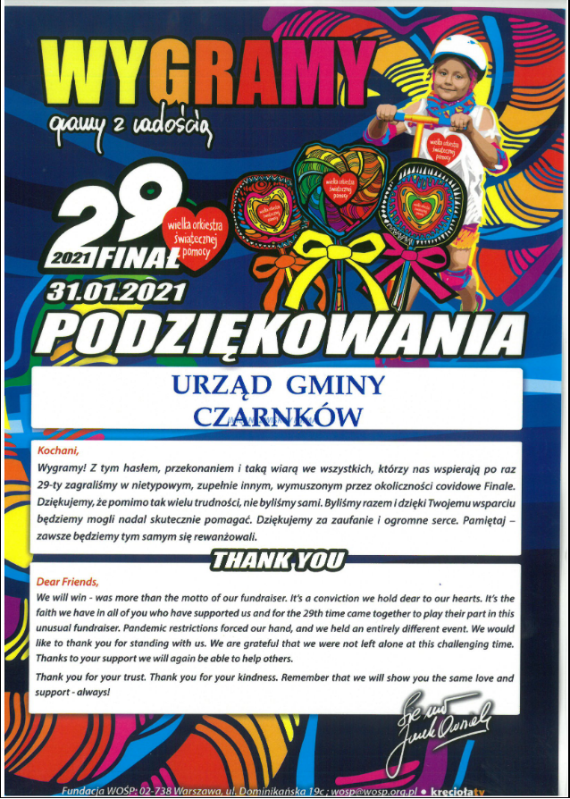 Podziękowanie od Jurka Owsiaka dla mieszkańców Gminy Czarnków za udział w Wielkiej Orkiestrze Świątecznej Pomocy 