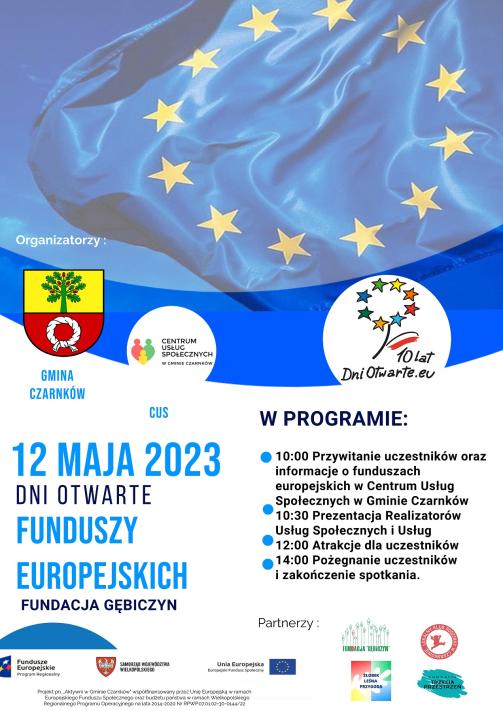 Plakat reklamowy dni otwartych funduszy europejskich w dniu 12 maja 2023 roku w Fundacji Gębiczyn