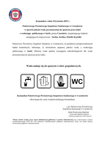KOMUNIKAT W SPRAWIE JAKOŚCI WODY