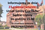 Informacja o zamknięciu urzędu o godzinie 15.00