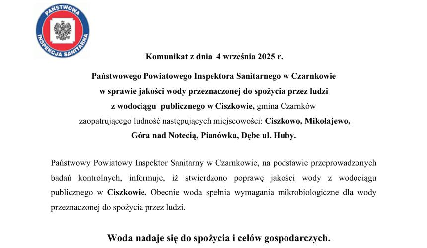 Komunikat o przydatności wody z WP Ciszkowo 04.09.2025 r.