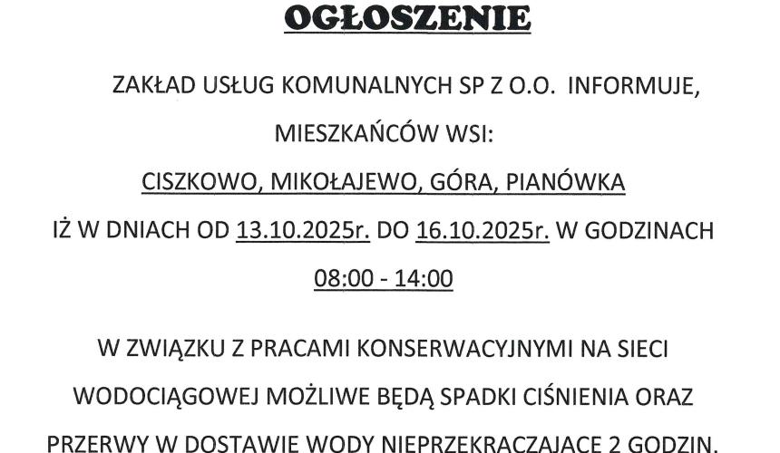 Ogłoszenie dla mieszkańców wsi Ciszkowo, Mikołajewo, Góra i Pianówka!