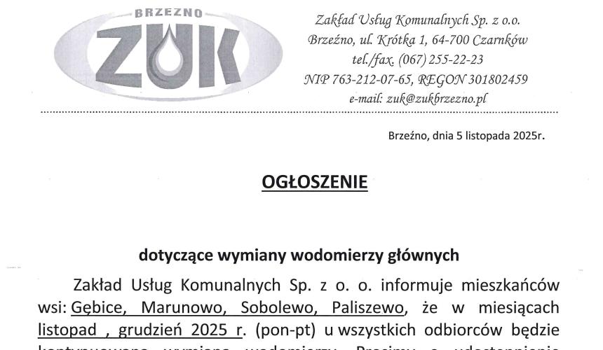 Komunikat Zakładu Usług Komunalnych Sp. z o.o. w Brzeźnie