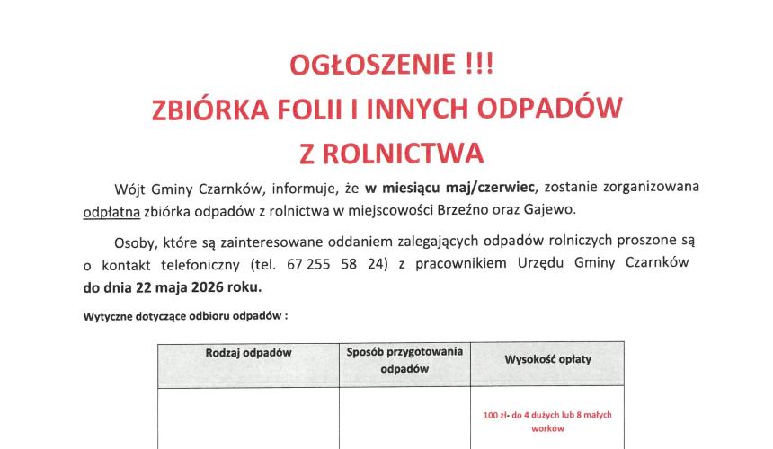 Zbiórka odpadów rolniczych w miejscowościach Brzeźno oraz Gajewo
