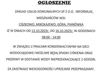 Ogłoszenie dla mieszkańców wsi Ciszkowo, Mikołajewo, Góra i Pianówka!