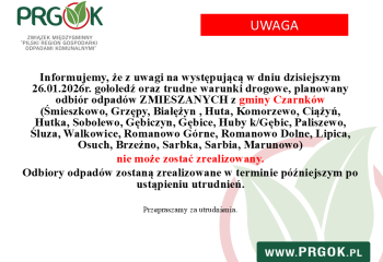 Informujemy że z uwagi na występującą w dniu dzisiejszym 26.01.2026 r. gołoledź oraz trudne warunki, drogowe planowany odbiór odpadów zmieszanych nie może zostać zrealizowany. Odbiory odpadów zostaną zrealizowane w terminie późniejszym po ustąpieniu utrudnień
