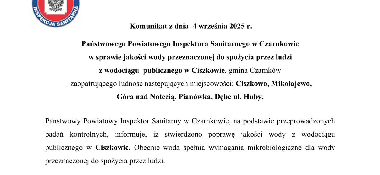 Komunikat o przydatności wody z WP Ciszkowo 04.09.2025 r.